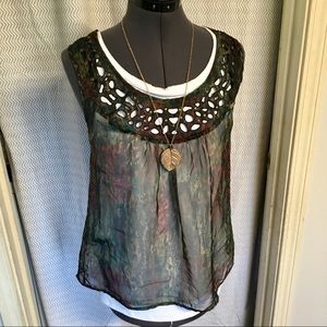 Olive green dressy water color sheer tank